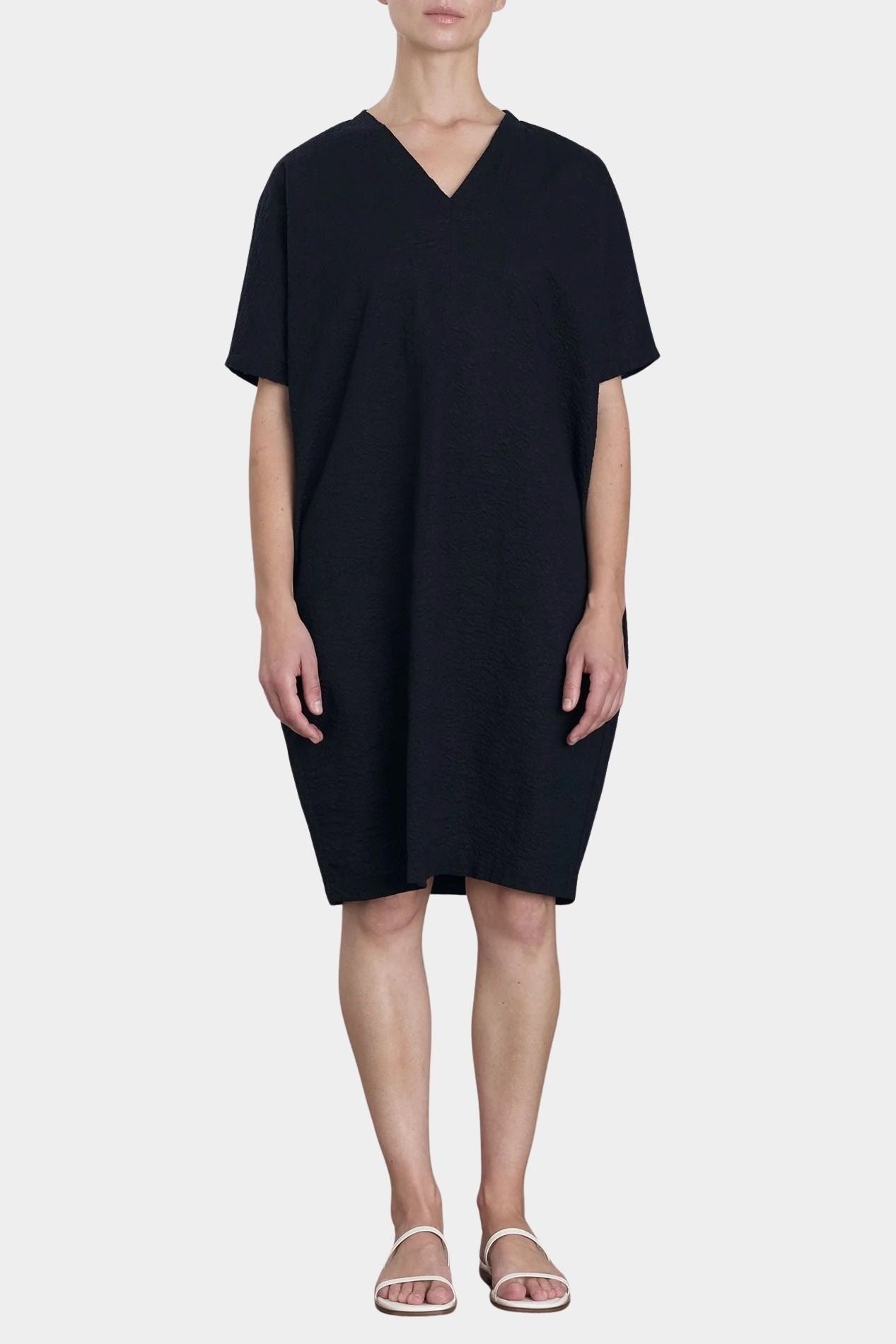 Black Crane v neck dress midnight cotton dress relaxed fit knee length front view