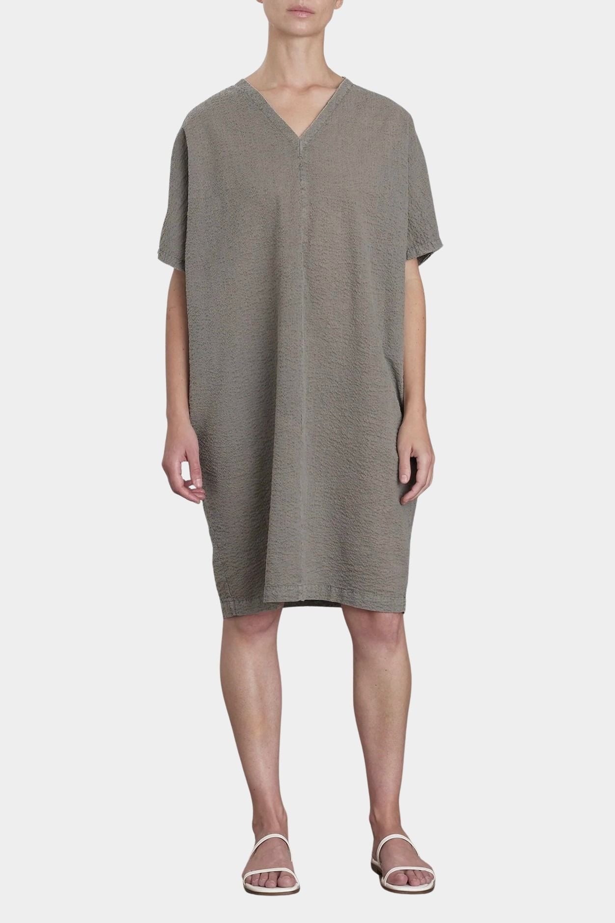 Black Crane v neck dress p grey cotton dress relaxed fit knee length front view