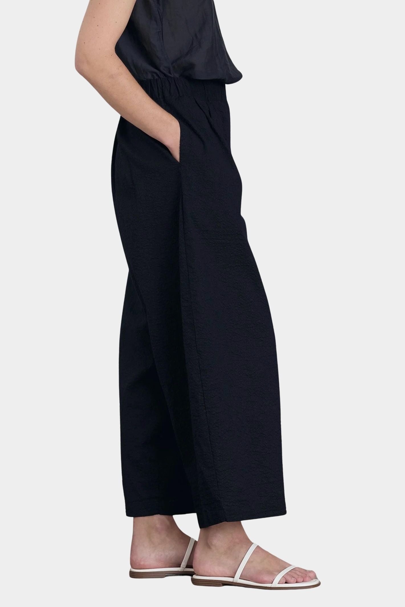 Black Crane wide pants midnight side view cropped wide leg soft drape