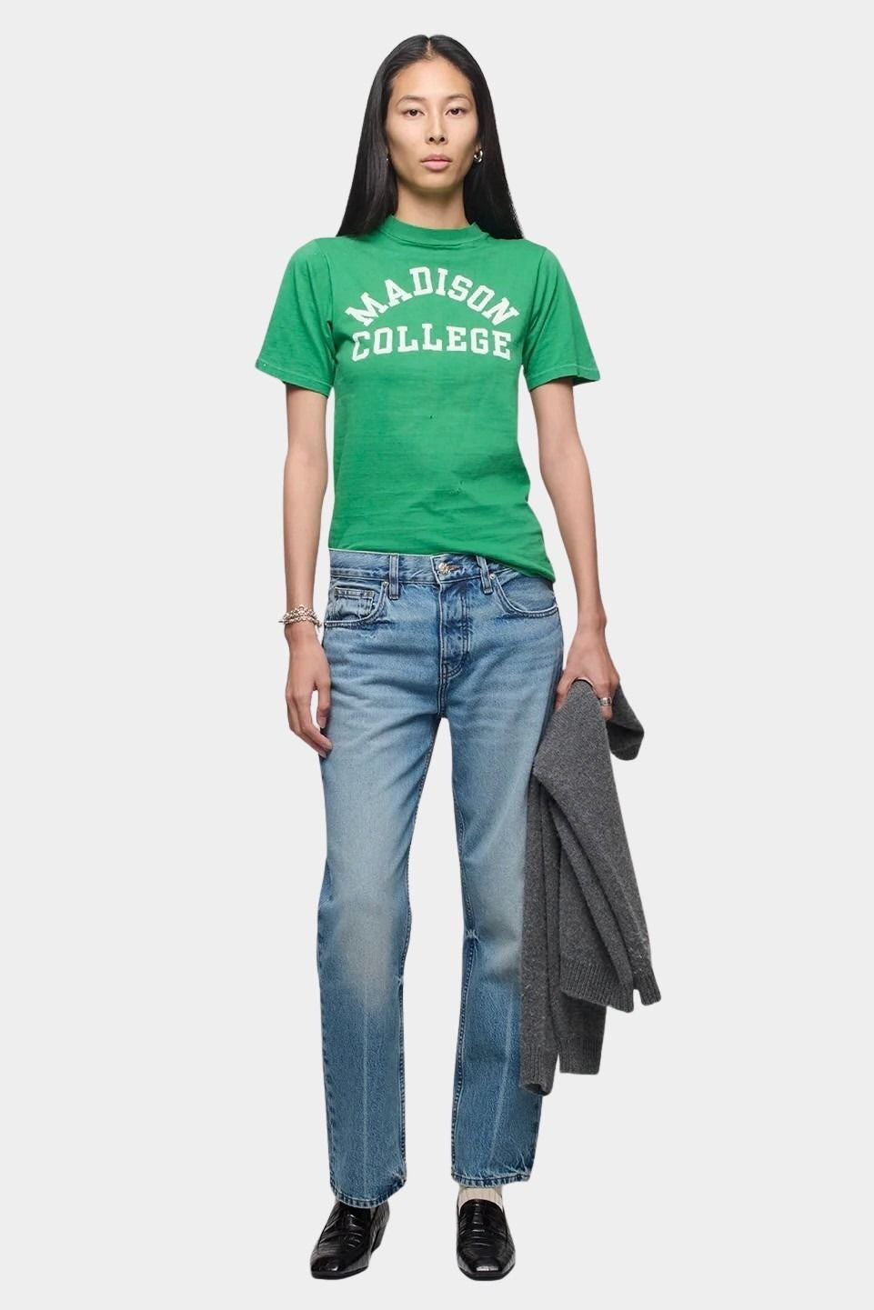 DALA Calla mid rise straight ankle jeans in attick blue, full length front view with straight leg fit