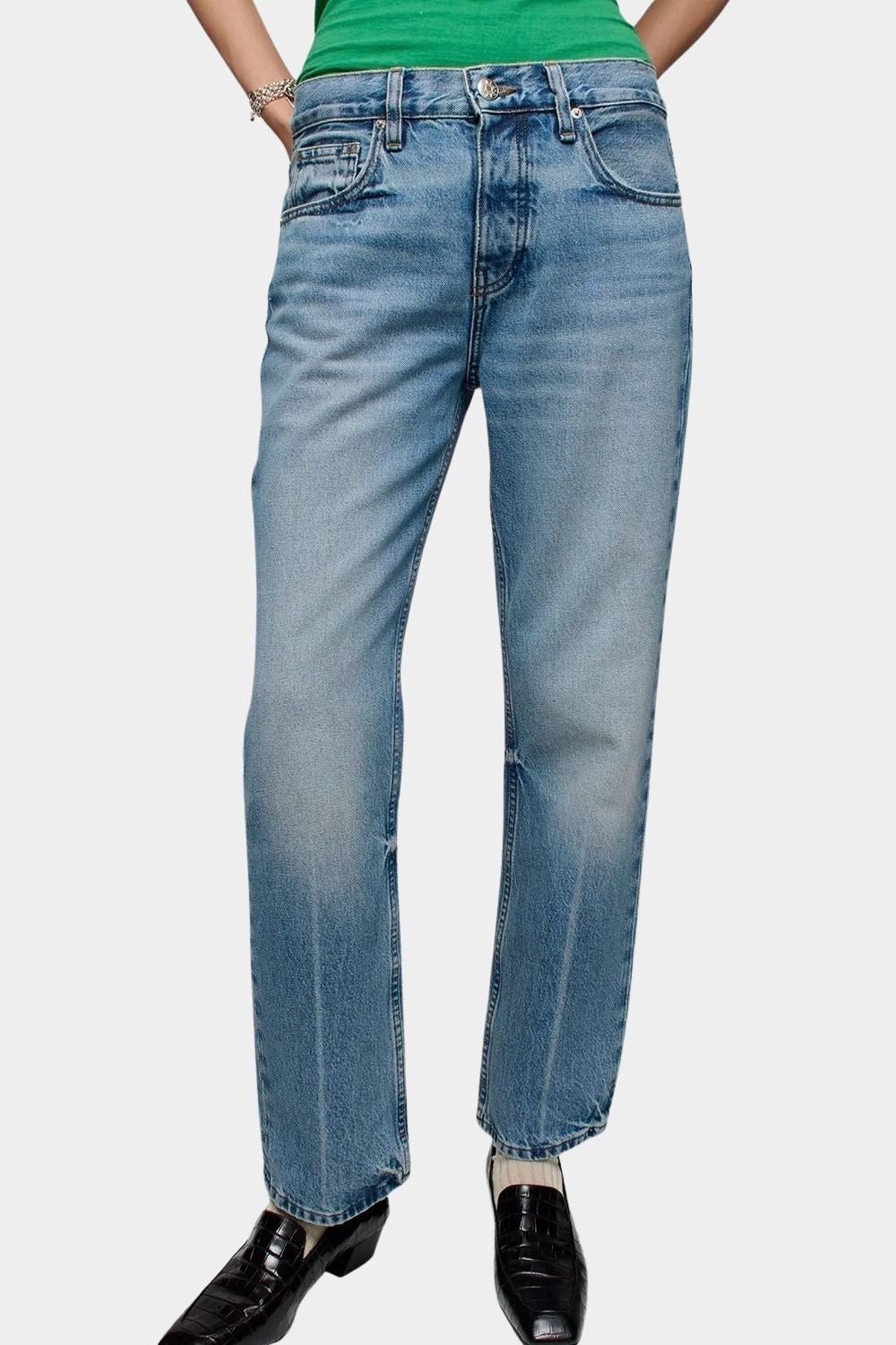 DALA Calla mid rise straight ankle jeans in attick blue, front view on model