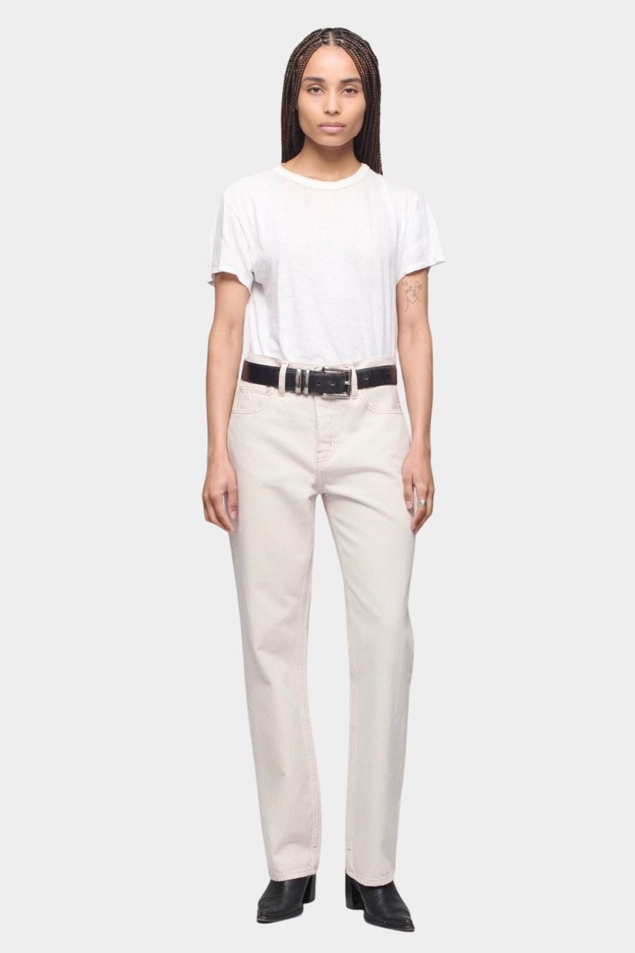 DALA Calla mid rise straight ankle jeans in salt, front full length view on model with straight leg silhouette and ankle length fit