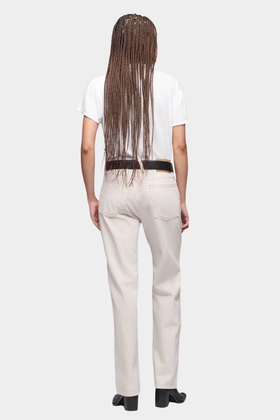 DALA Calla mid rise straight ankle jeans in salt, back full length view highlighting fit through hip and leg
