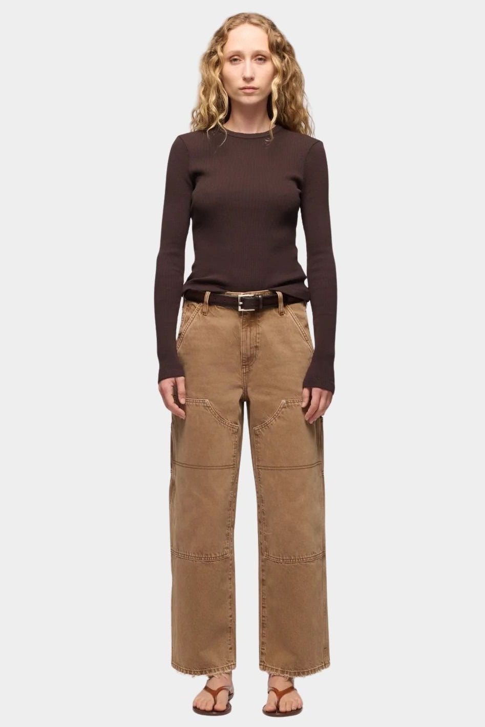 DALA Dove Carpenter Jeans in Oak Brown, full front view showing relaxed fit and ankle length hems at YUCCA Denver.