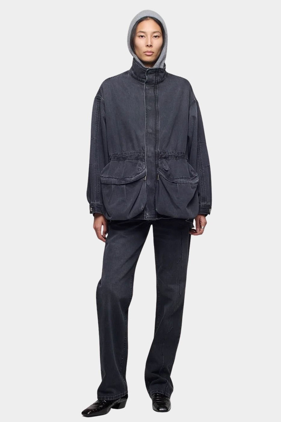 DALA Mountain Jacket in Hurricane, full front view showing oversized denim silhouette and large flap pockets.
