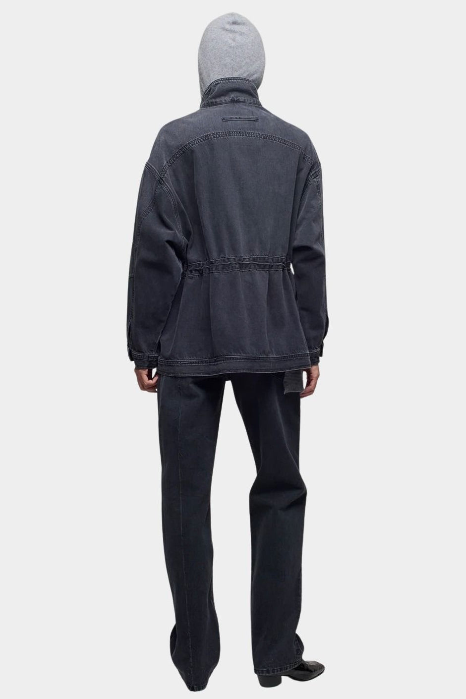 DALA Mountain Jacket in Hurricane, back view showing dropped shoulders, gathered waist and curved sleeve seams.