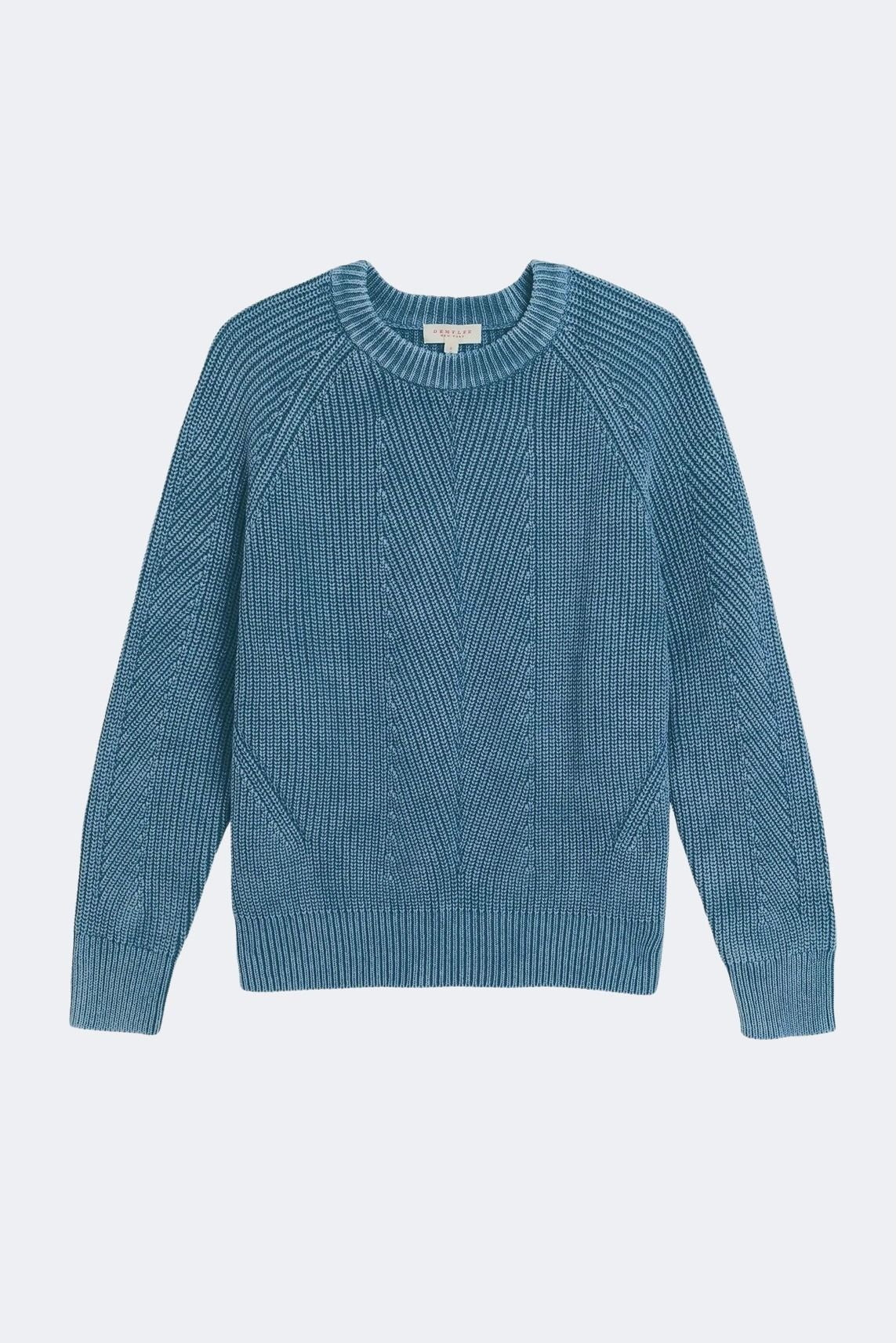 DEMYLEE Chelsea washed cotton crewneck sweater in denim with textured knit and ribbed trim