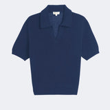 DEMYLEE Cris cotton linen polo sweater in indigo with short sleeves, open collar, and ribbed hem