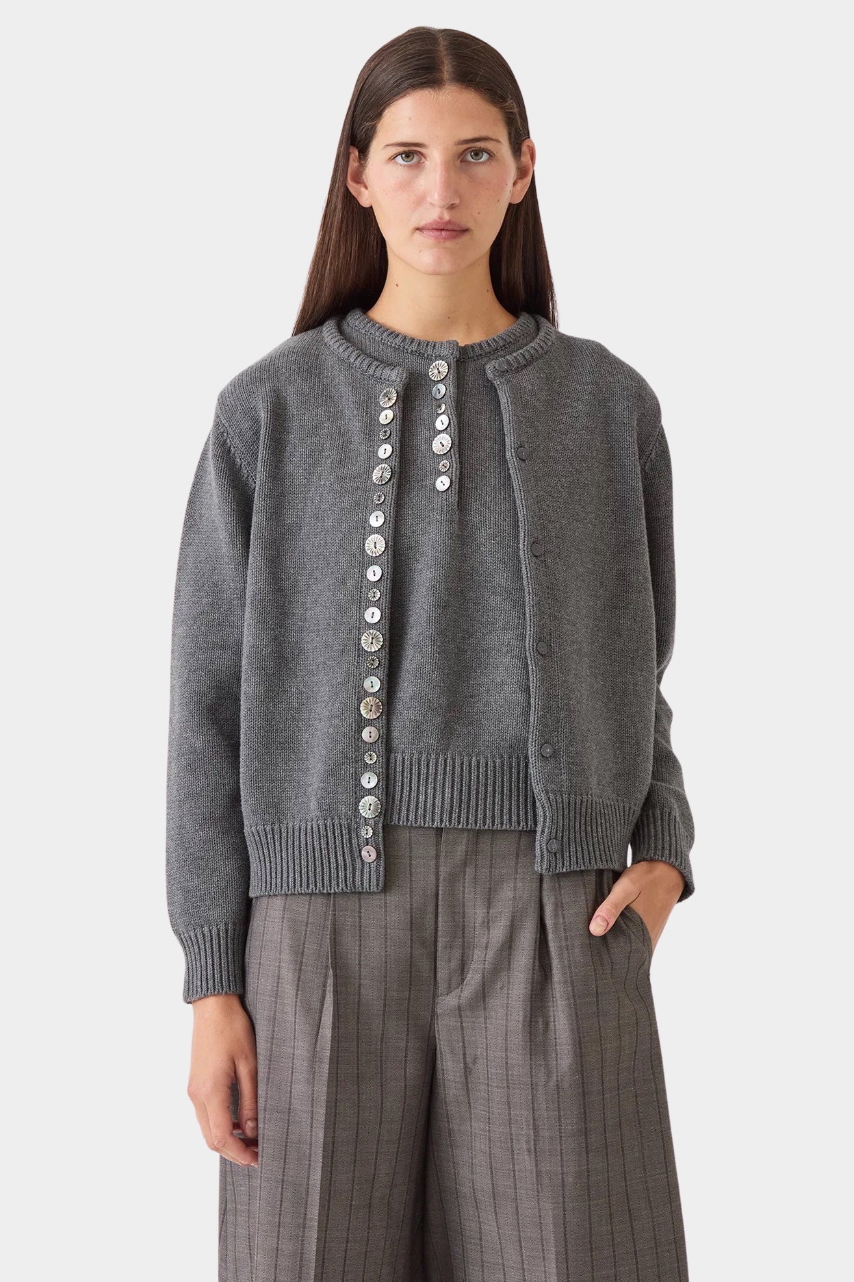 Charcoal DEMYLEE Soleil cotton cardigan photographed flat against a white background