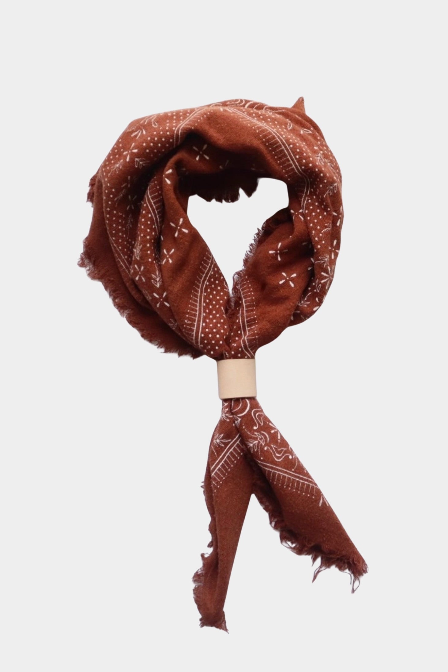 Eco Raw Studio Terracotta Classic Print Naturally Dyed Bandana in Terracotta x White Ink tied with softly frayed edges