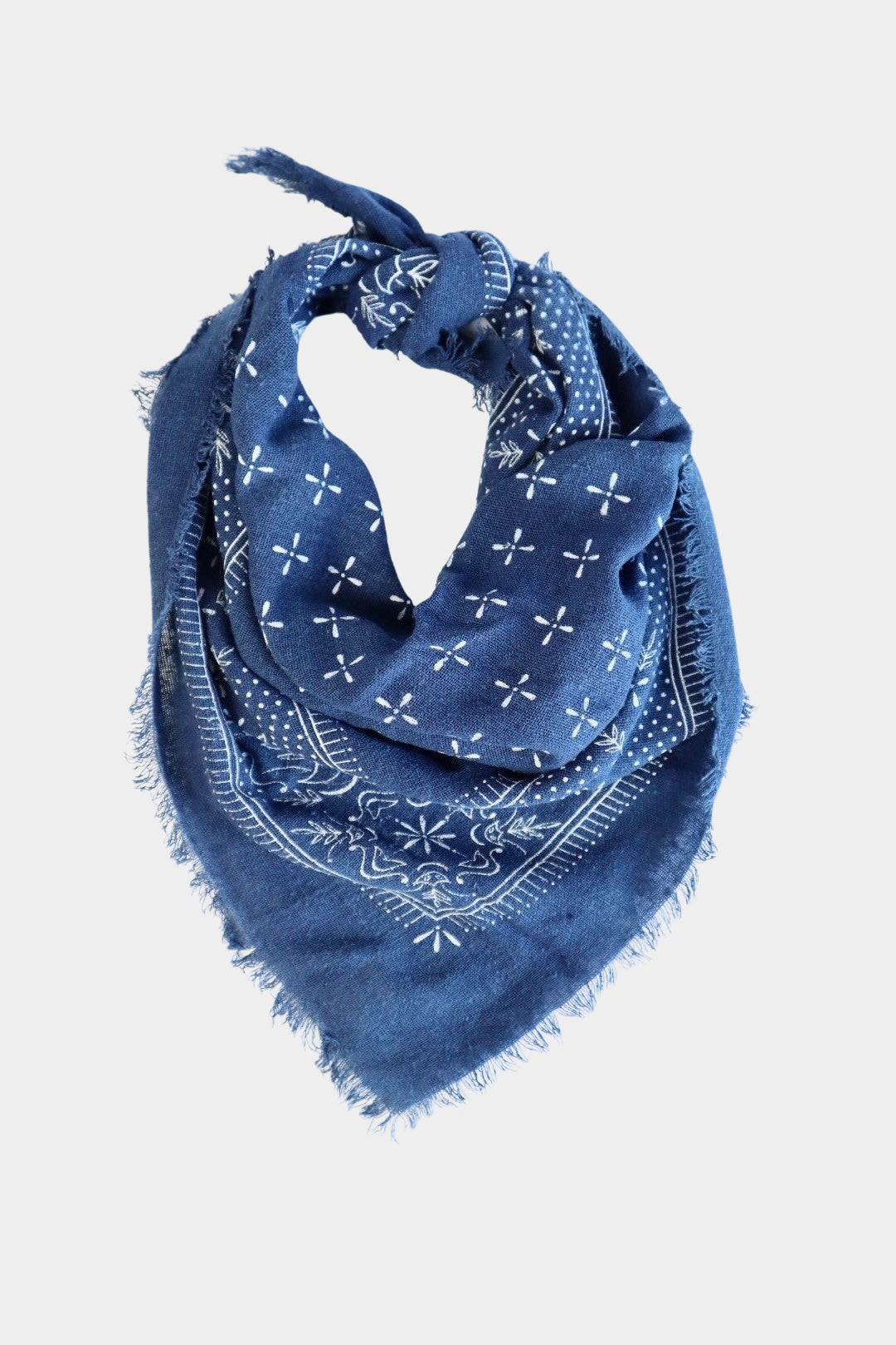Eco Raw Studio ocean blue raw silk bandana with white print folded showing border pattern and frayed edges