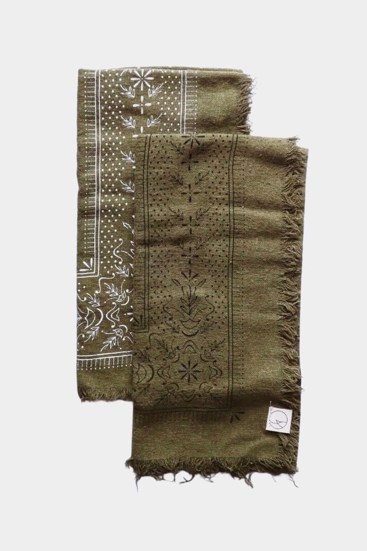 Eco Raw Studio - Raw Silk Bandana - Olive Green x White Ink - YUCCA, artistic accessories, boutique near me, shop local denver.
