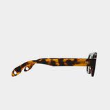 Side profile of Elisa Johnson Jane Mini sunglasses in brown tortoise acetate with thick temples and tinted mint lenses