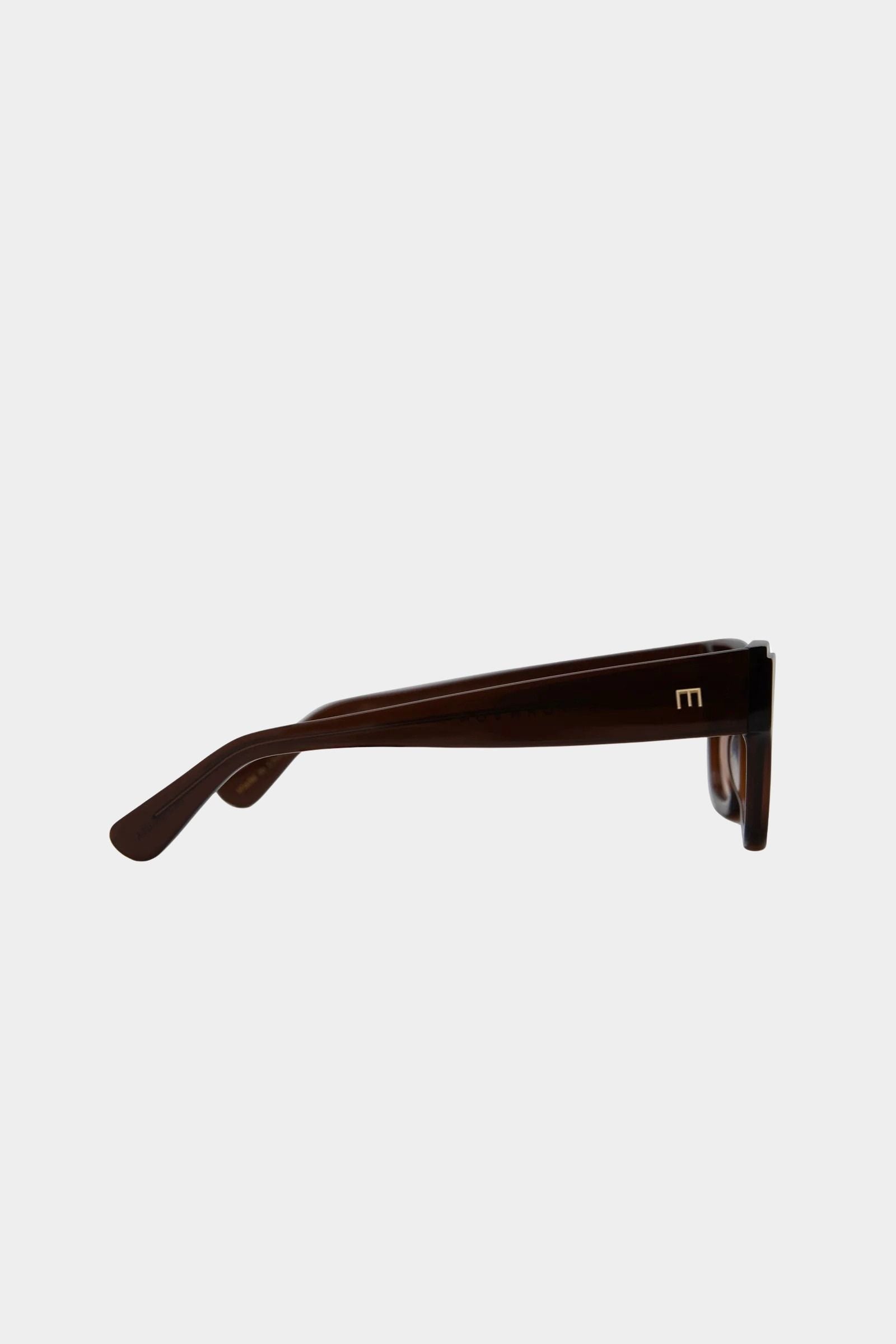 Side profile of Elisa Johnson Rae sunglasses in gloss brown acetate with slim temples and tonal tinted lenses