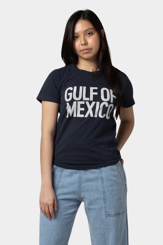 Model wearing the Jungmaven Gulf of Mexico Lorel Tee in Navy with a relaxed fit and open neckline