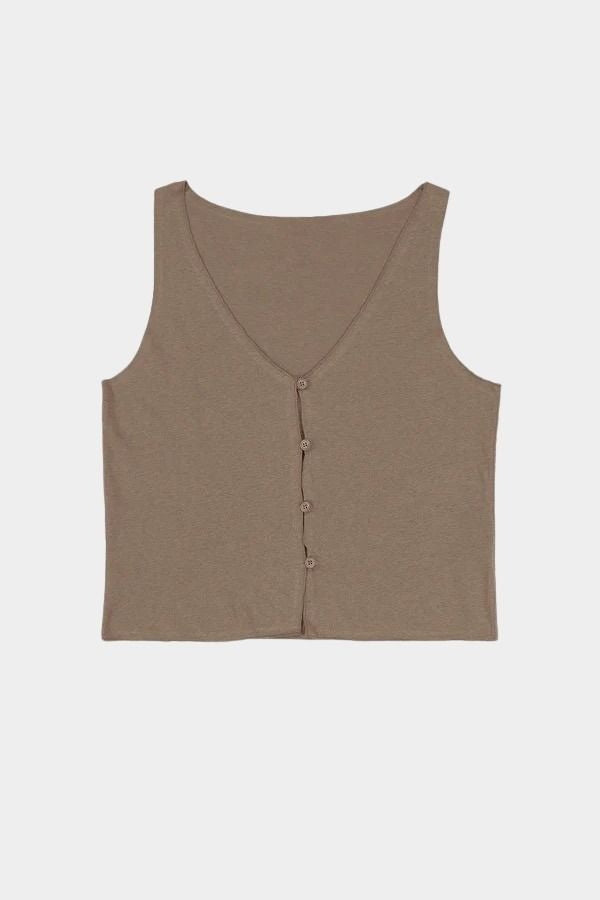 Jungmaven Anacapa Vest Coyote sleeveless hemp cotton V neck button front top product image