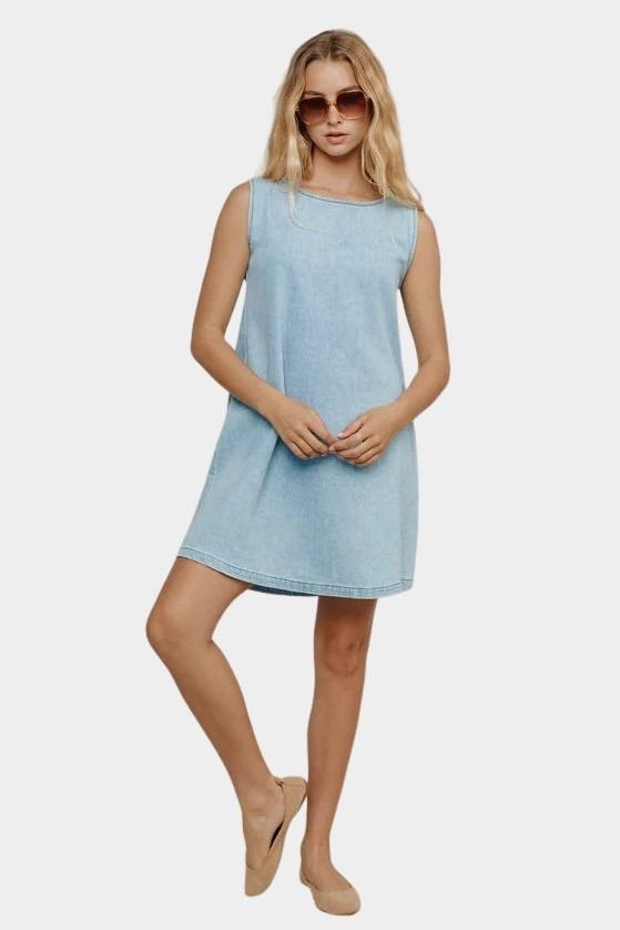 Jungmaven Baez Summer Denim Dress Light front view model wearing hemp cotton mini dress