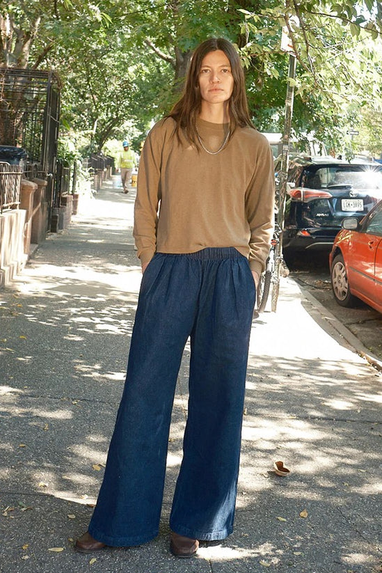 Jungmaven Disco Denim Pant in Dark Wash styled on model with a relaxed fit at YUCCA Denver