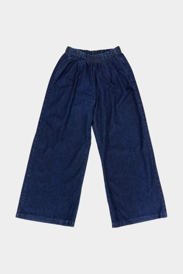 Jungmaven Disco Denim Pant in Dark Wash flat lay highlighting the relaxed wide leg silhouette