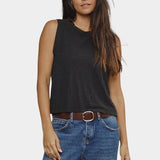 Black relaxed fit muscle tank styled with blue denim front view