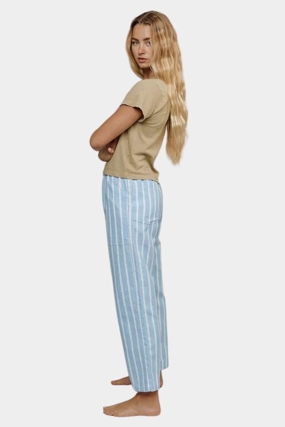 Jungmaven seaside pant light blue white stripe side profile wide leg cropped