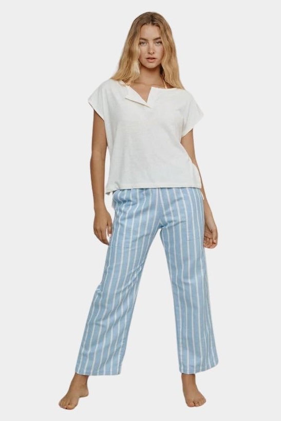 Jungmaven seaside pant light blue white stripe outfit styled wide leg relaxed