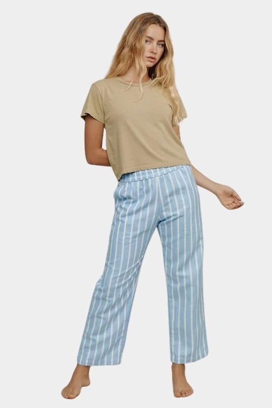 Jungmaven seaside pant light blue white stripe outfit front wide leg cropped