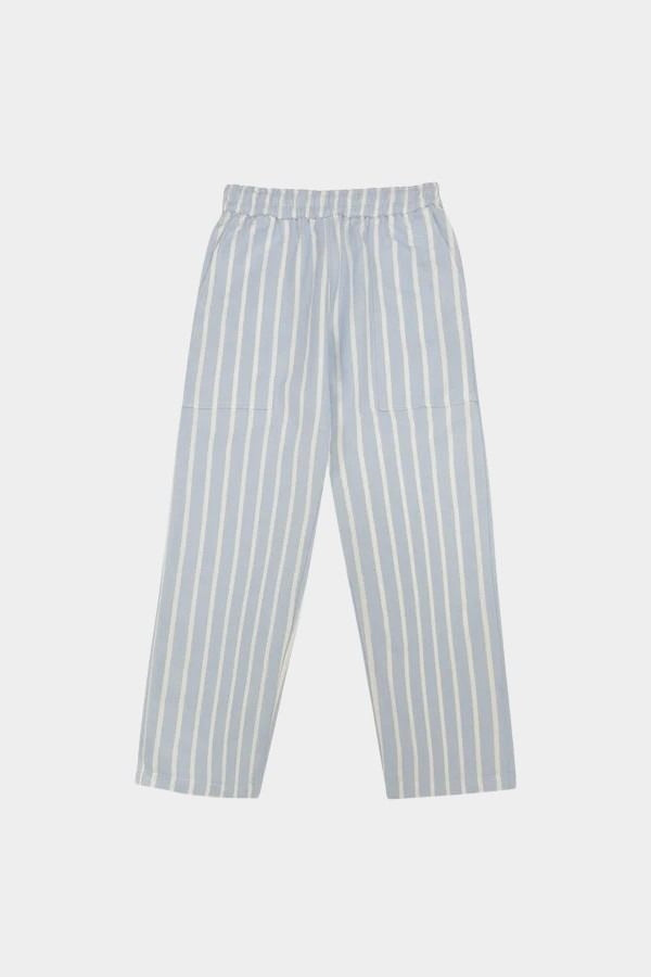 Jungmaven seaside pant light blue white stripe flat lay elastic waist front