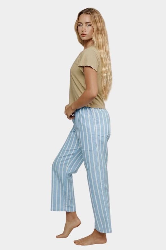 Jungmaven seaside pant light blue white stripe side view wide leg relaxed fit