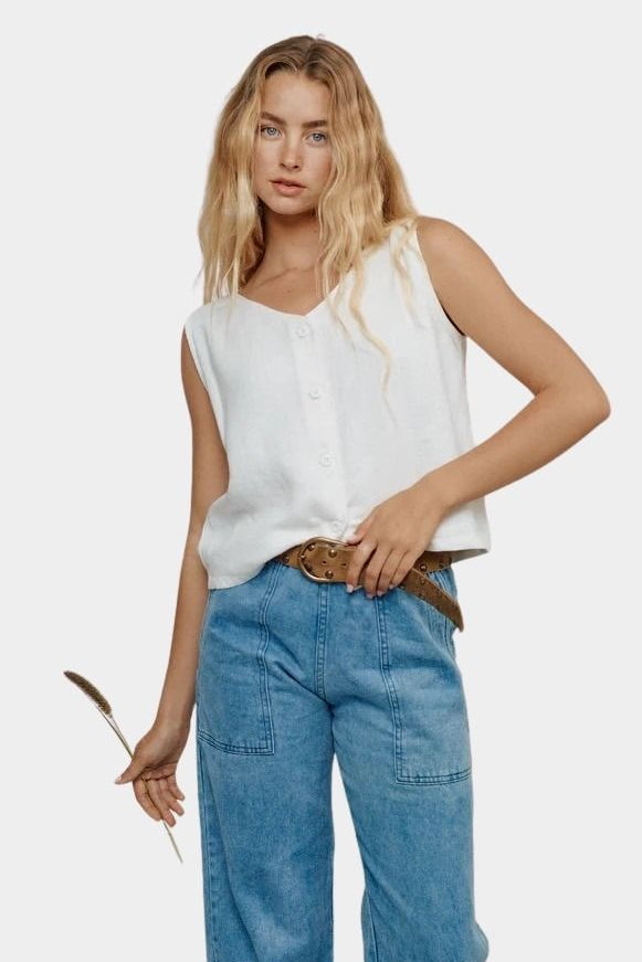 Jungmaven light hemp vest close up boxy fit sleeveless button front top