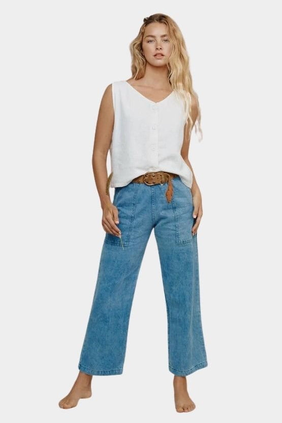 Jungmaven 100% hemp vest light styled with denim wide leg pants front view