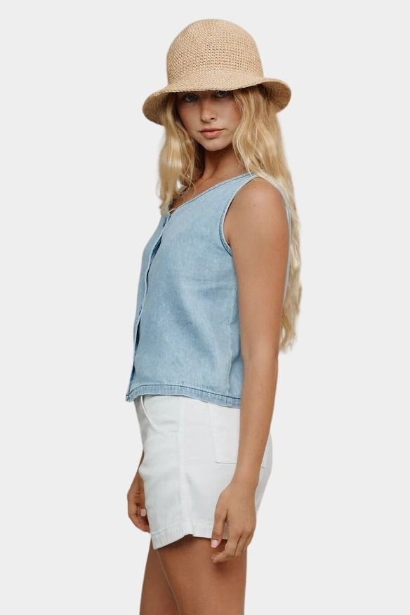 Jungmaven light denim vest side profile cropped sleeveless top
