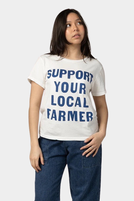 Model wearing the Jungmaven Support Your Local Farmer Ojai Tee in White available at SHOP YUCCA Denver