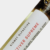 Kismet Olfactive Vetiver Supreme eau de parfum 10ml travel spray close up showing label detail and amber glass