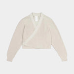Flat front view of the Oatmeal Kowtow Composure Cardigan showing its wrap front and long sleeves.