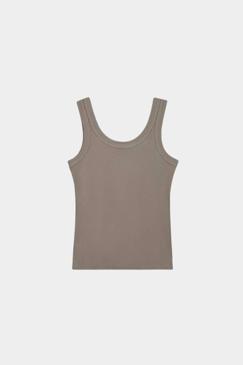 Flat front product view of the Kowtow Everyday Singlet in Flint showing its scoop neck and wide straps.