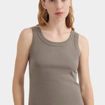 Front close view of the Kowtow Everyday Singlet in Flint showing its scoop neckline and ribbed trim at YUCCA Denver.