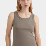 Front close view of the Kowtow Everyday Singlet in Flint showing its scoop neckline and ribbed trim at YUCCA Denver.