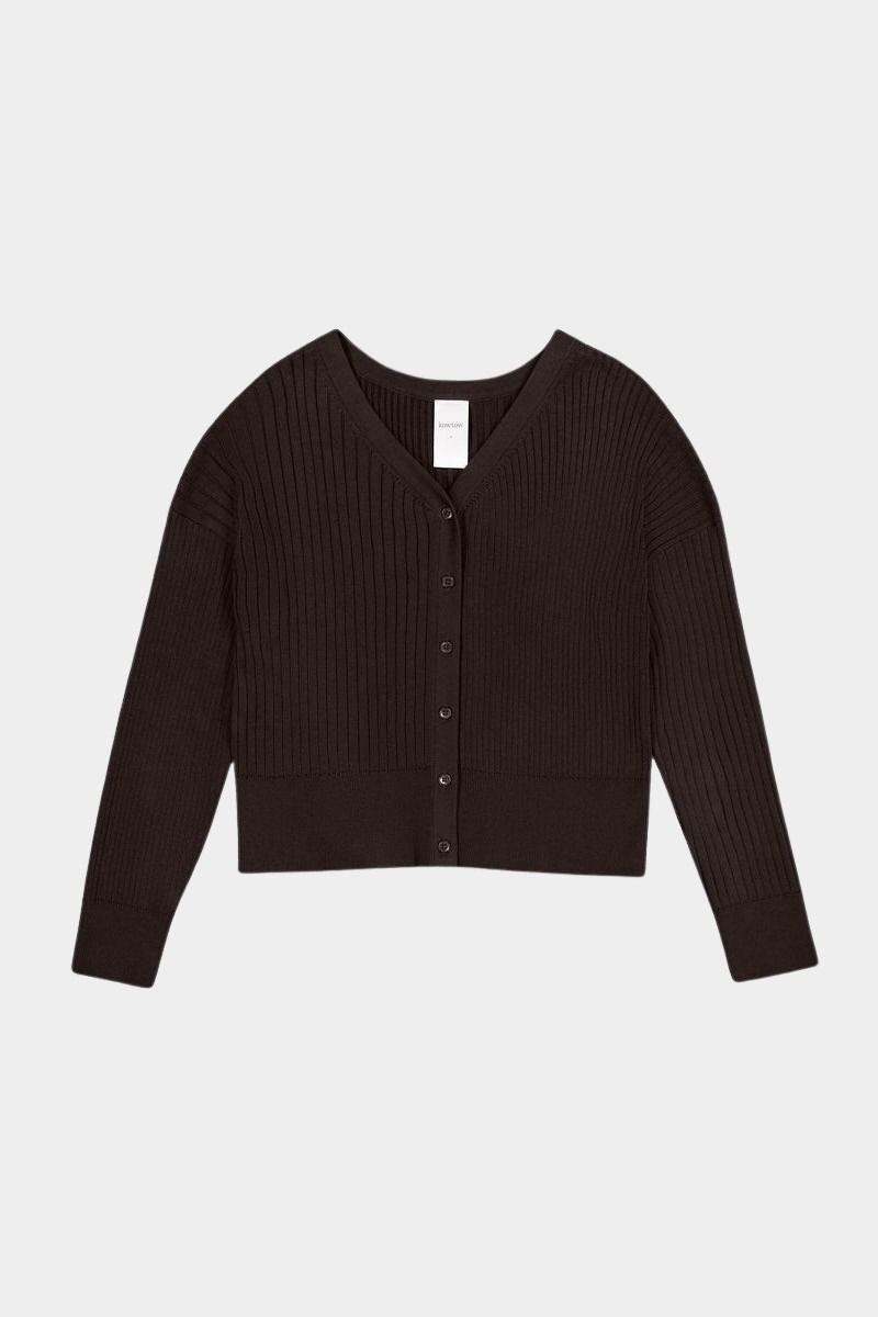 Flat front view of the Sable Kowtow Field Cardigan with V neck and wide hem