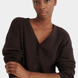 Close view of the Sable Field Cardigan’s ribbed shoulder and dropped seam