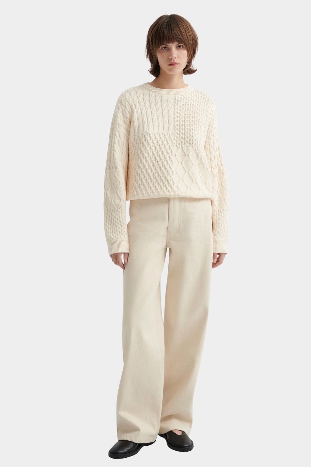 Kowtow patchwork jumper chalk organic cotton cable knit sweater front view