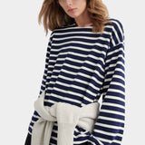 kowtow pierre tee uniform stripe navy ivory striped long sleeve tee relaxed silhouette styled with sweater tied at waist