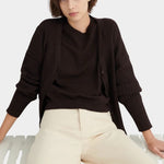 Sable Shoreline Tee layered under a matching ribbed cardigan with cream trousers