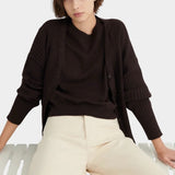 Sable Shoreline Tee layered under a matching ribbed cardigan with cream trousers