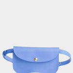 Lindquist Faba leather belt bag in periwinkle front view with curved flap and brass closure