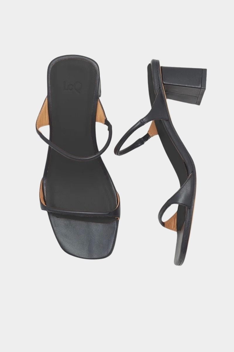 LOQ Gael heeled sandal black leather square toe tubular strap block heel top view