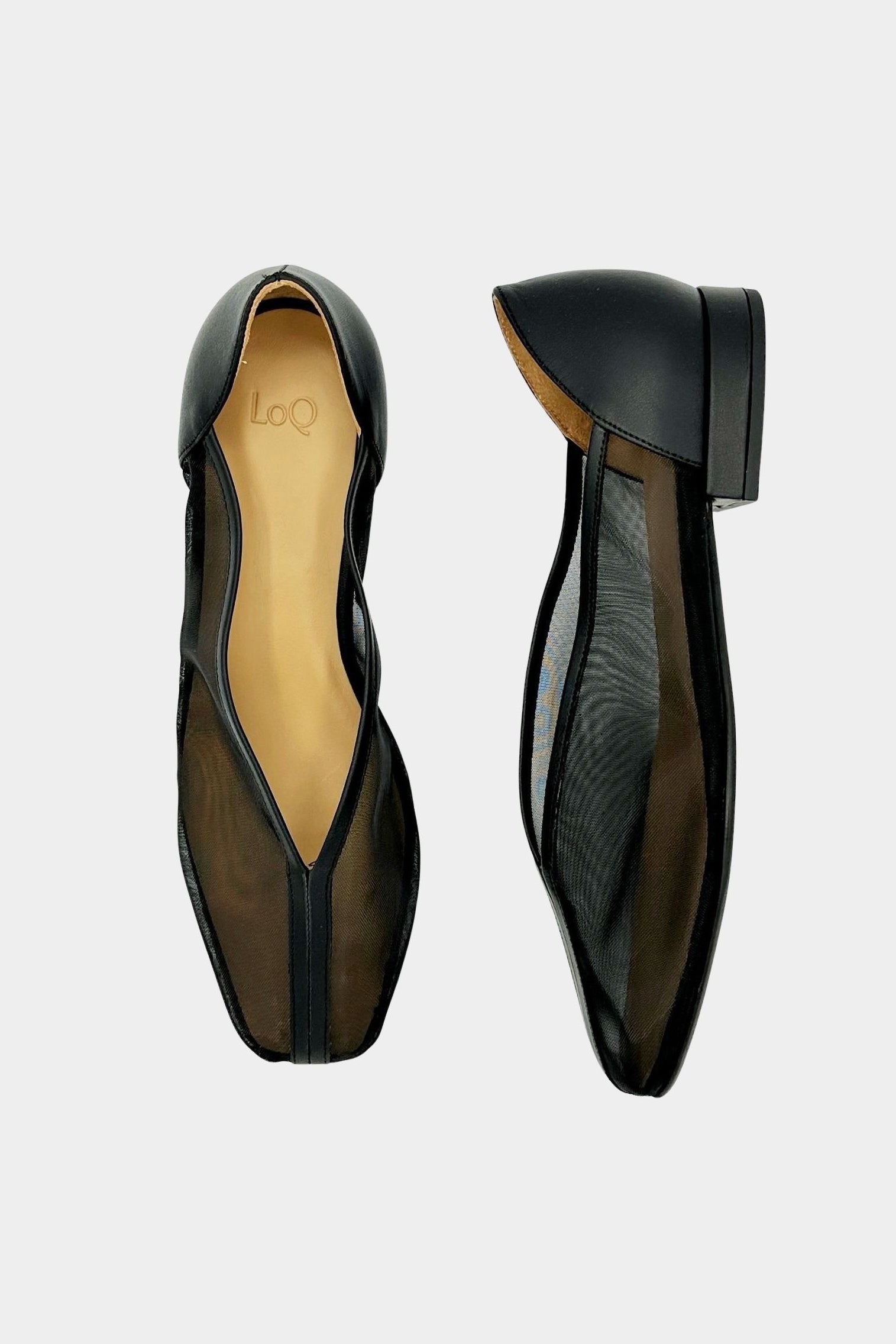 LOQ Porto flat in black leather and mesh with squared toe and tulip upper top and side view