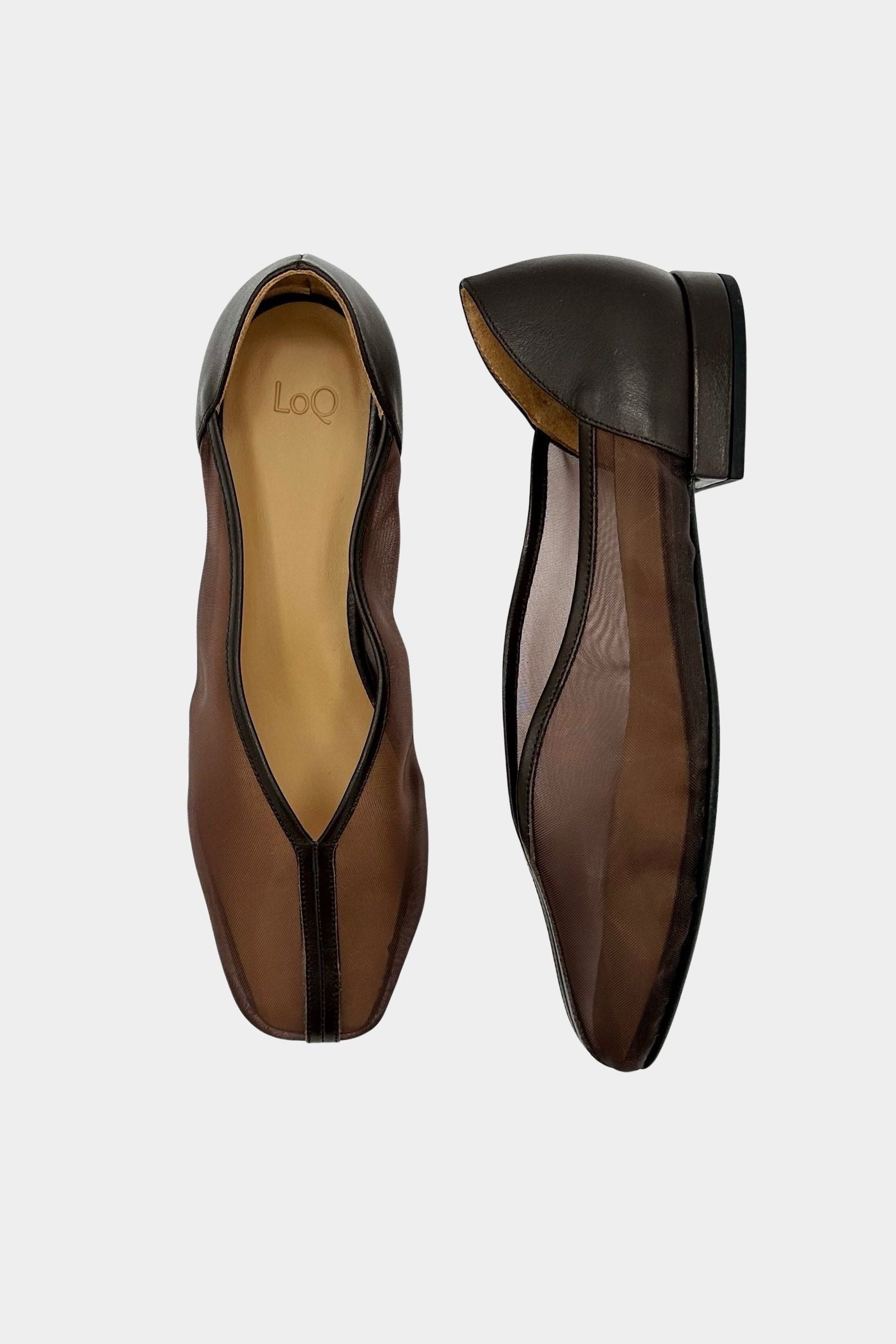 LOQ Porto flat in espresso leather and mesh with squared toe and tulip upper top and side view