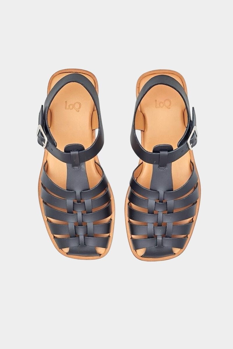 LOQ Rio sandal in black leather fisherman sandal pair top view showing woven upper and ankle strap