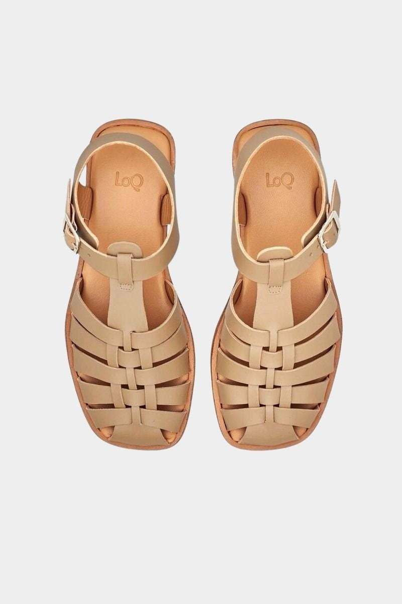 LOQ Rio sandal in taupe leather fisherman sandal top view with woven straps and buckle closure